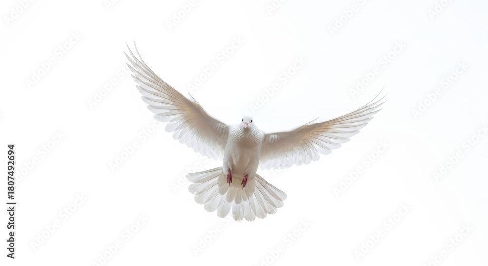 Fototapeta premium Beautiful White Pigeon in Mid Air Flight Symbol of Freedom and Purity