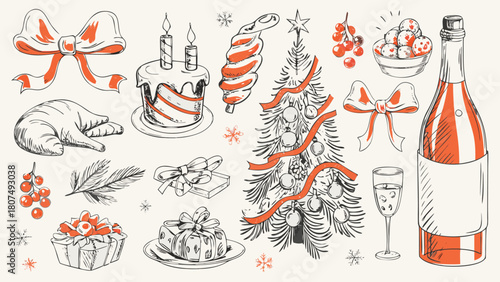 Illustration of christmas tree, gifts, cake, bottle, bows and other holiday related items