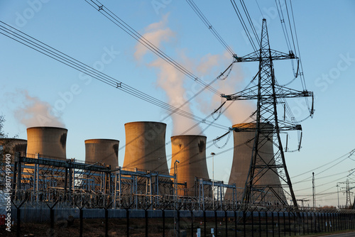 Cooling towers and high voltage pylons at Drax biomass fuelled power station Drax North Yorkshire