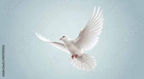 Artistic Digital Illustration of White Dove Flying on Soft Blue Grey Background