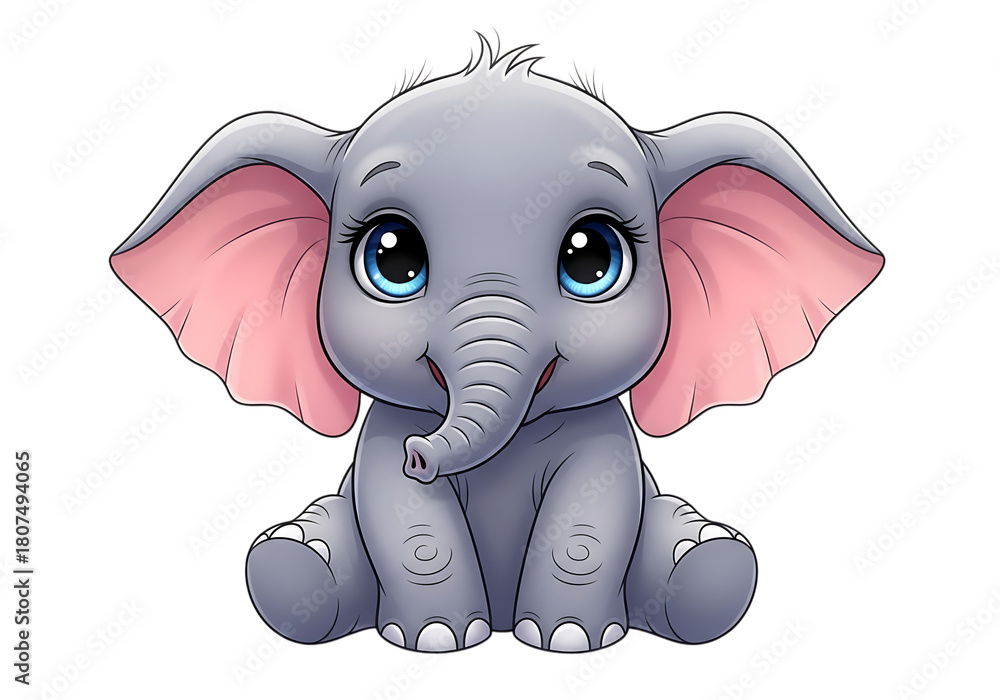 Obraz premium Adorable cartoon baby elephant with big blue eyes and pink ears isolated on transparent background