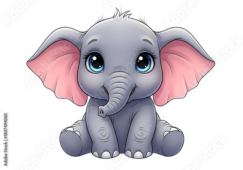 Adorable cartoon baby elephant with big blue eyes and pink ears isolated on transparent background