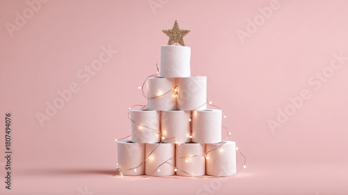 Toilet paper rolls create a whimsical Christmas tree with fairy lights and a glitter star against a pastel pink backdrop