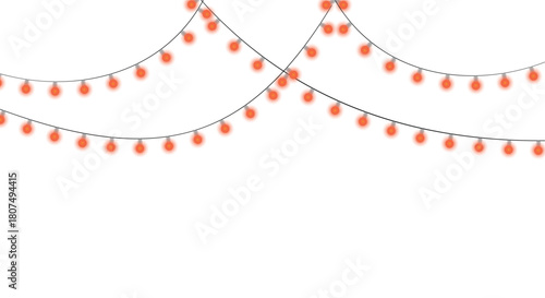 Festive string lights with warm, glowing bulbs hang gracefully against an isolated on, casting a cheerful ambiance perfect for holiday celebrations and cozy gatherings