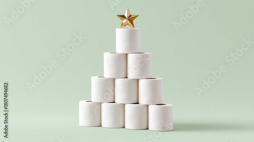 Stacked toilet paper rolls form a festive Christmas tree with a gold star ornament against a pastel green background
