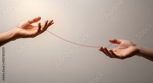 Two hands holding a thin red string connecting them against a plain background