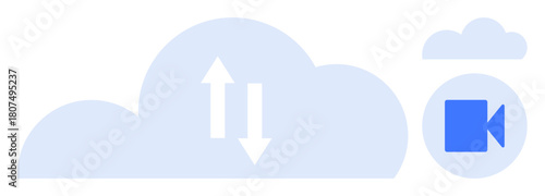 Cloud with upload and download arrows alongside video recording icon. Ideal for data transfer, cloud storage, technology, communication, video streaming, file sharing, simple flat metaphor