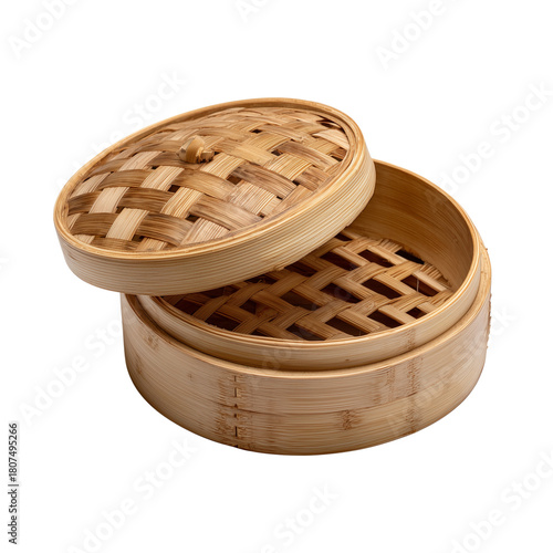 Traditional two-tiered bamboo steamer with a woven lid, an essential kitchen utensil for healthy asian cuisine