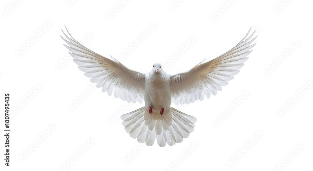 Fototapeta premium Majestic White Dove Gliding Towards Camera Isolated on White Background