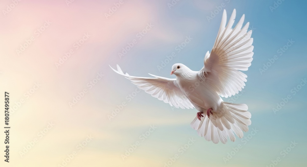 Fototapeta premium Beautiful White Bird Flying in Soft Colorful Sky Symbol of Peace