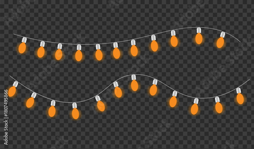 Two strings of glowing orange christmas lights on a transparent background