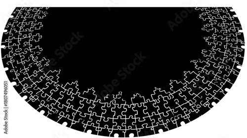 White jigsaw pieces form a semi-circle edge against a solid black background