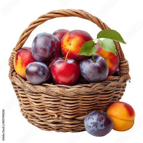 Freshly picked ripe plums, nectarines, and apricots in a rustic wicker basket with a green leaf, healthy summer fruit.
