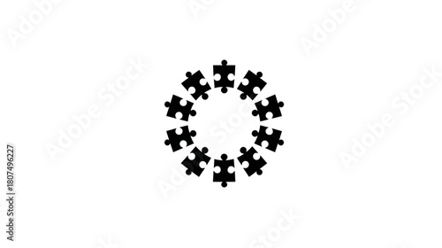 Black puzzle pieces form a circle on a white background