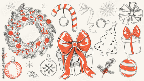 Illustration of christmas elements including wreath, gifts, candy cane and christmas tree design