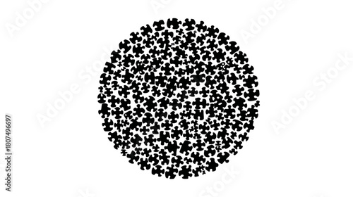 Black puzzle pieces form a circle on a white background; varied sizes and orientations