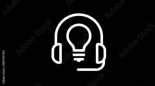 Icon of white headphones with a lightbulb at center, on black background