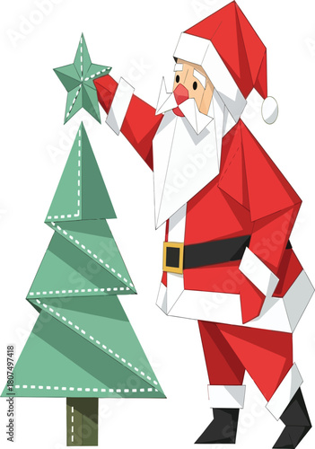 Santa claus placing a star on top of a christmas tree isolated on white background, a festive scene of holiday cheer and decoration in a minimalist style