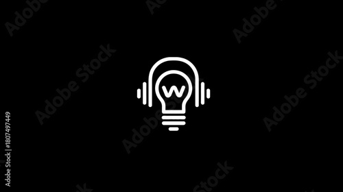 Graphic minimalist logo of lightbulb with a 'W' wearing headphones, black backdrop