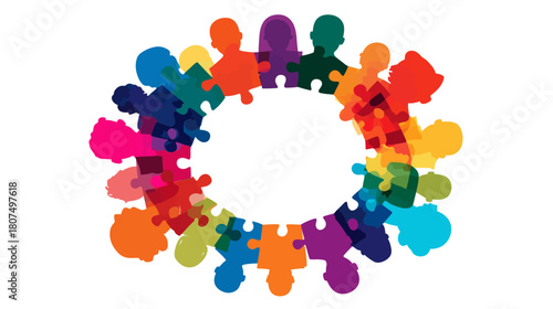People puzzle pieces in a colorful circle frame on white