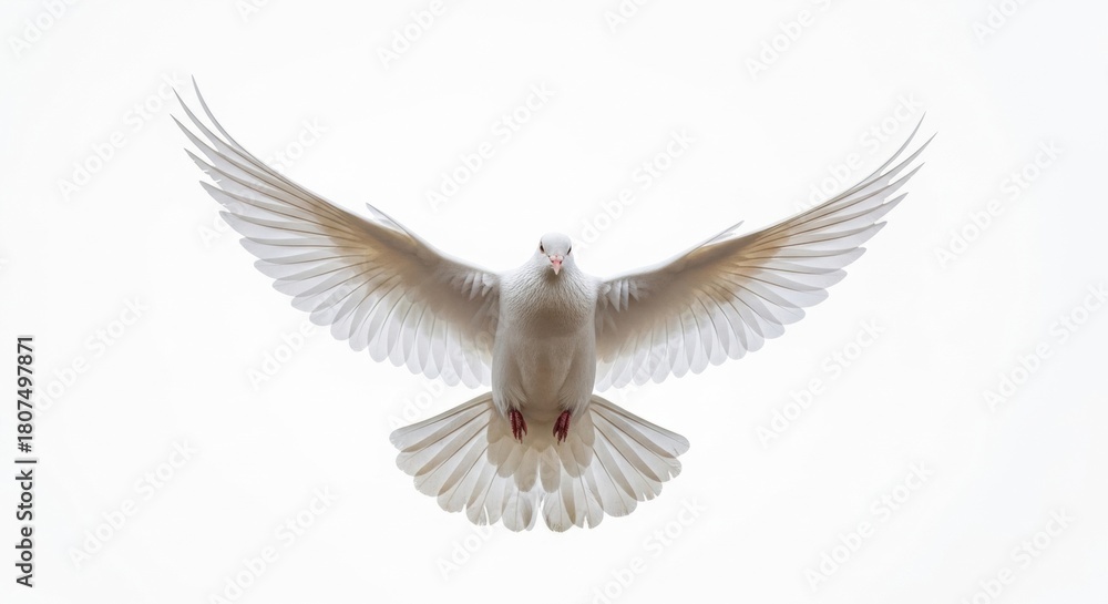 Fototapeta premium High Key Shot of White Dove Flying Towards Camera Isolated