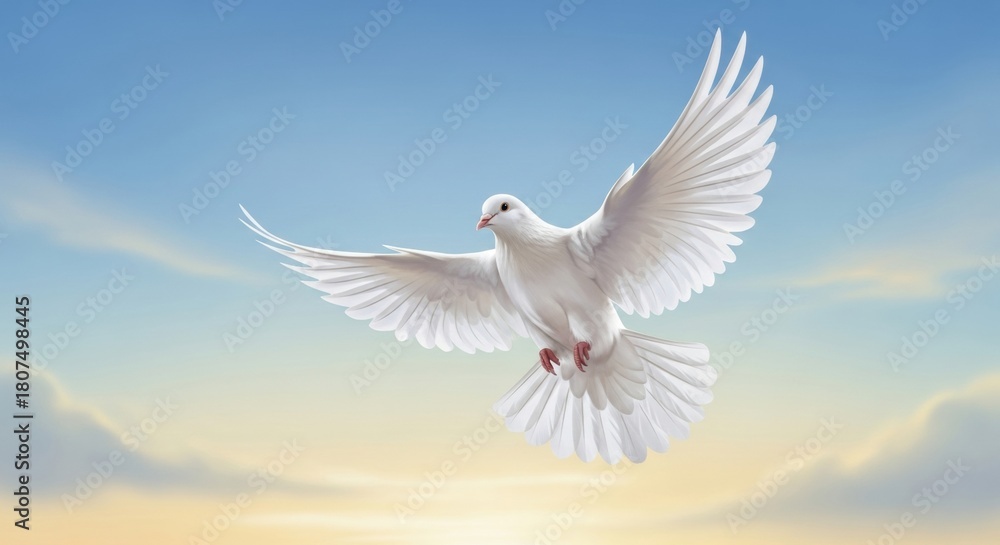 Obraz premium Graceful White Bird Flying in Blue and Yellow Sky