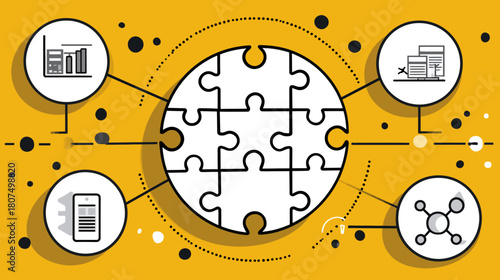 Illustration puzzle center linked to icons symbolizing data, technology, analysis