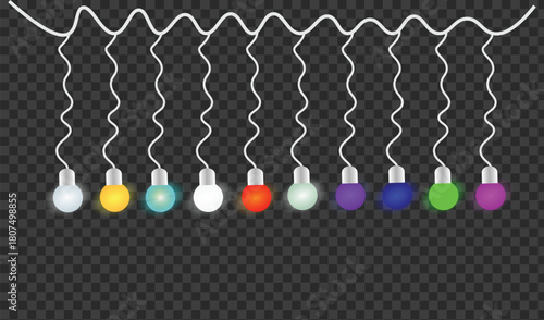 Colorful string lights with glowing bulbs on a dark transparent background