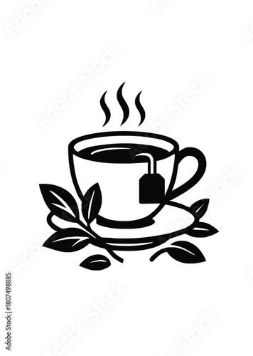 Hot steaming cup of tea with tea bag and leaves in elegant minimalist icon style representing relaxation, herbal drink and cozy beverage concept
