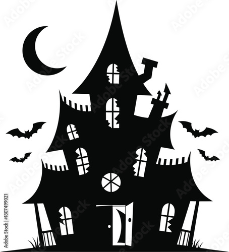 Spooky haunted mansion silhouette with crescent moon and bats for halloween celebration and creepy atmosphere isolated on white background
