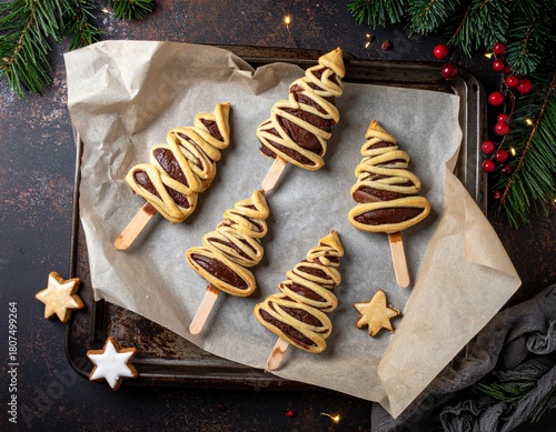 Christmas tree–shaped chocolate pastry pops on wooden sticks, baked on parchment with star cookies, festive holiday scene with warm lighting and rustic decor.