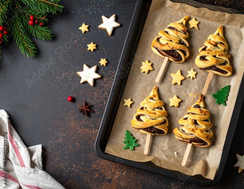 Christmas tree–shaped chocolate pastry pops on wooden sticks, baked on parchment with star cookies, festive holiday scene with warm lighting and rustic decor.