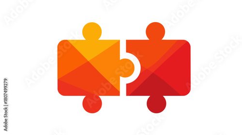 Two connected geometric puzzle pieces warm orange left, fiery red right, on white