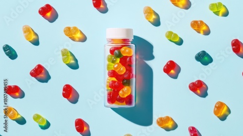 A bottle of colorful gummy chewable supplements surrounded by scattered gummies on a light blue background