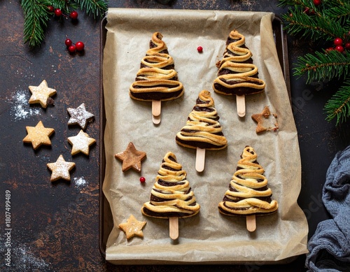 Christmas tree–shaped chocolate pastry pops on wooden sticks, baked on parchment with star cookies, festive holiday scene with warm lighting and rustic decor.
