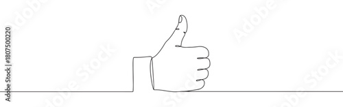 A continuous one-line drawing of a hand making a thumbs-up gesture, symbolizing approval or positivity, against a white background