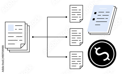 Documents interconnected with lines to smaller files and a dollar sign. Ideal for workflow, data management, financial analysis, information sharing, organization, collaboration, simple flat metaphor