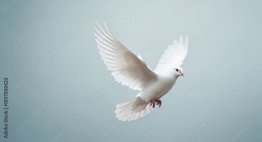 Obraz premium Profile View of White Dove Flying on Soft Blue Grey Background