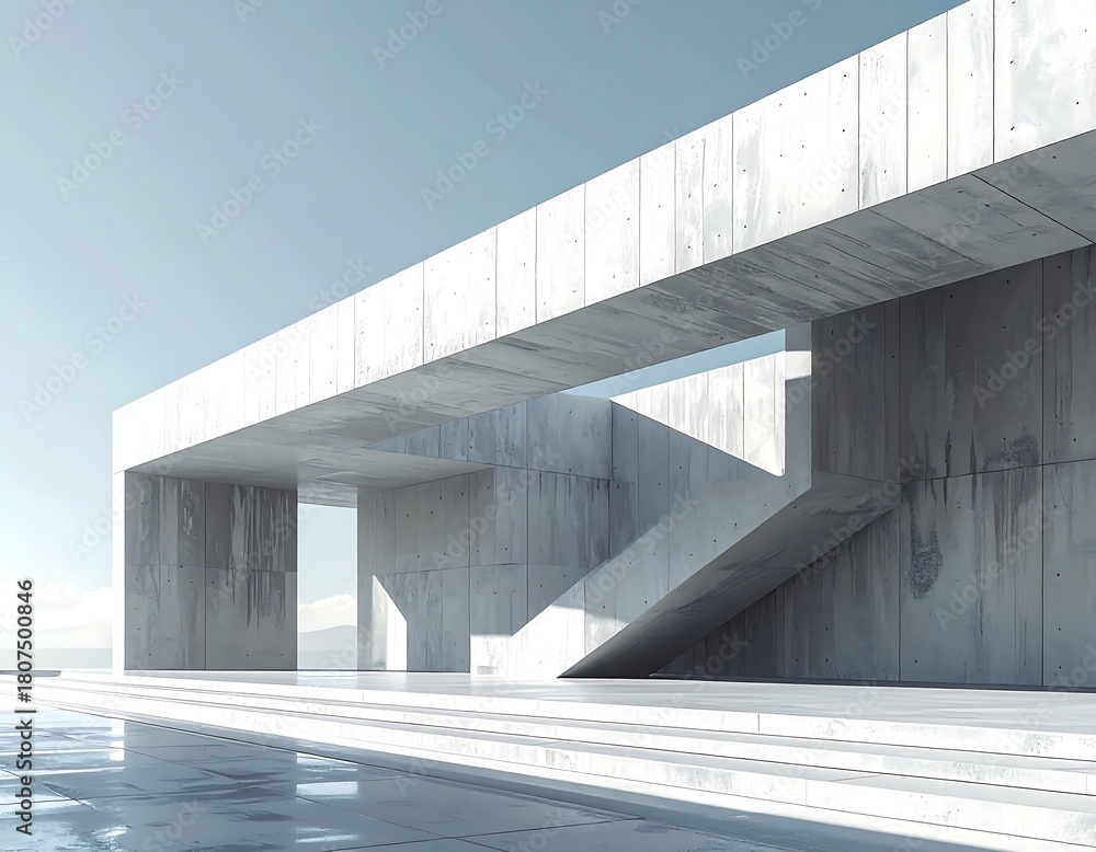 Obraz premium Minimalist concrete architecture with stairs and water reflection in a geometric design