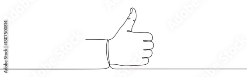 A continuous one-line drawing of a hand making a thumbs-up gesture, symbolizing approval or positivity, against a white background
