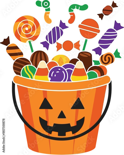 Halloween candy bucket overflowing with treats and sweets a festive celebration of trick or treating and sweet delights isolated on white background