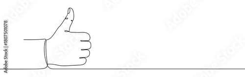 A continuous one-line drawing of a hand making a thumbs-up gesture, symbolizing approval or positivity, against a white background