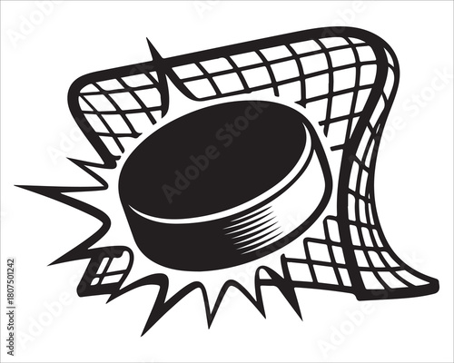 Hockey puck striking goal net illustration in bold dynamic silhouette style representing sport action, scoring, energy, and fast movement