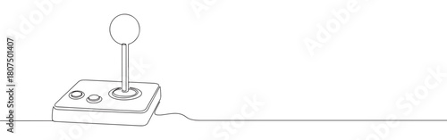 A continuous one-line drawing of a classic arcade joystick with buttons, evoking nostalgia for retro gaming, against a white background