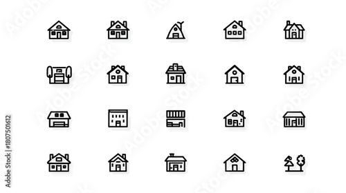 Collection of various house icons, hand-drawn style, in black with white fill and shadows