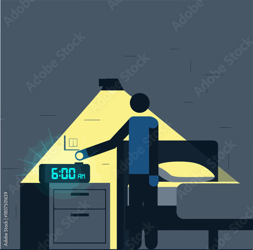 Minimalist bedroom scene with a person turning off an alarm clock on a nightstand during early morning hours with focused lighting and modern