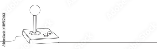 A continuous one-line drawing of a classic arcade joystick with buttons, evoking nostalgia for retro gaming, against a white background