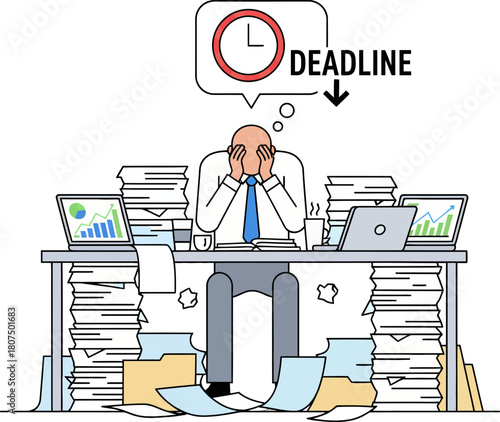 Overwhelmed Business Professional Surrounded by Stacks of Papers and Digital Devices in a Busy Office Environment with a Clock in the Background