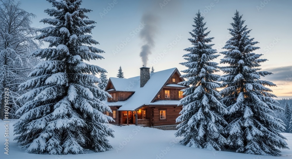 Fototapeta premium Snow-covered cozy log cabin nestled among winter wonderland scenery and frosty trees