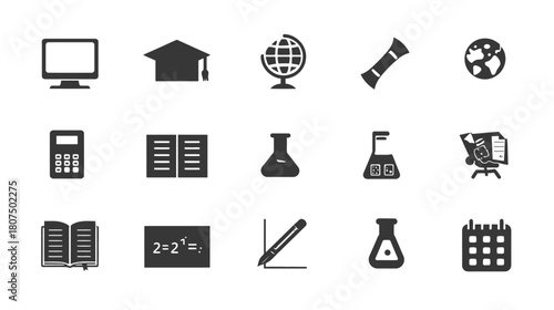A collection of school icons including calculator, books, computer, and lab equipment
